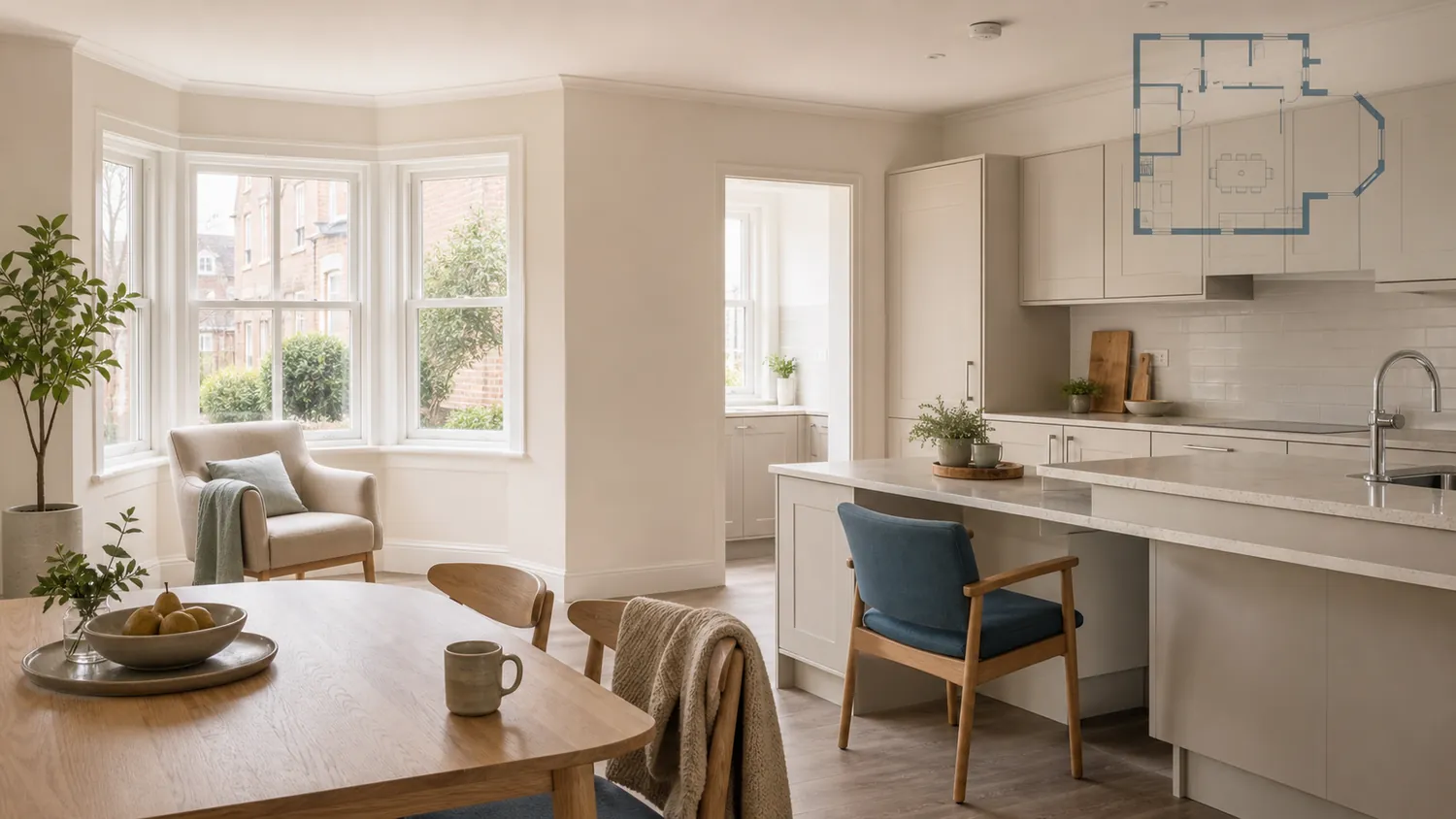 A bright, warm open-plan kitchen and sitting room in a refurbished home