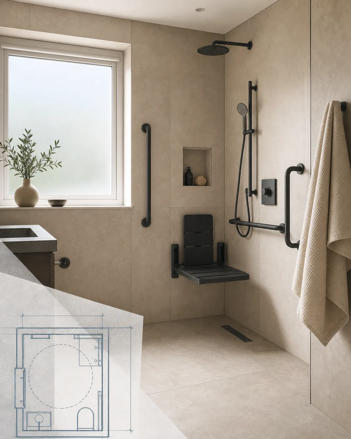 A level-access wet room with grab rails, fold-down shower seat and a frosted window