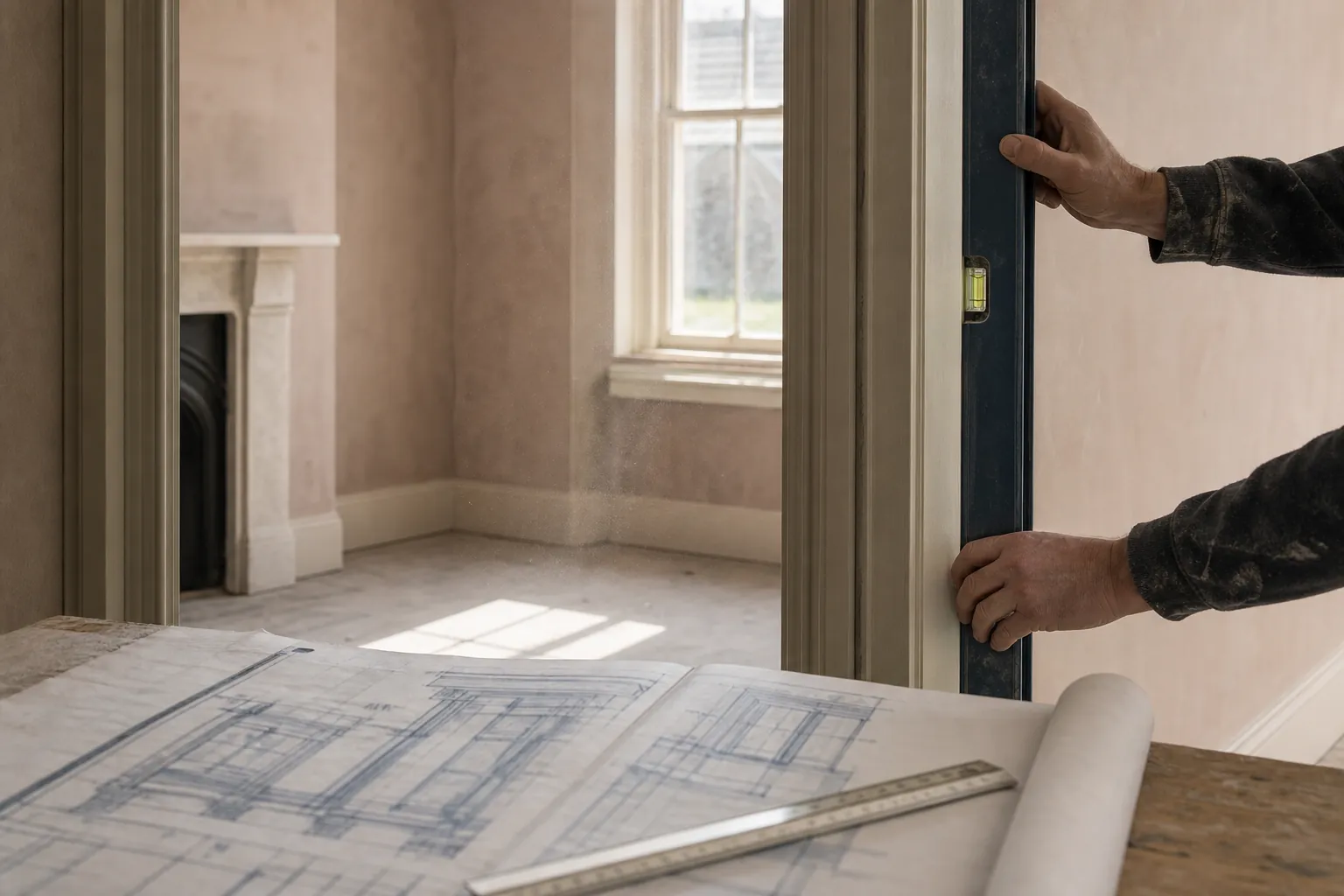 A tradesperson checking a doorway with a spirit level, drawings and a rule on the bench