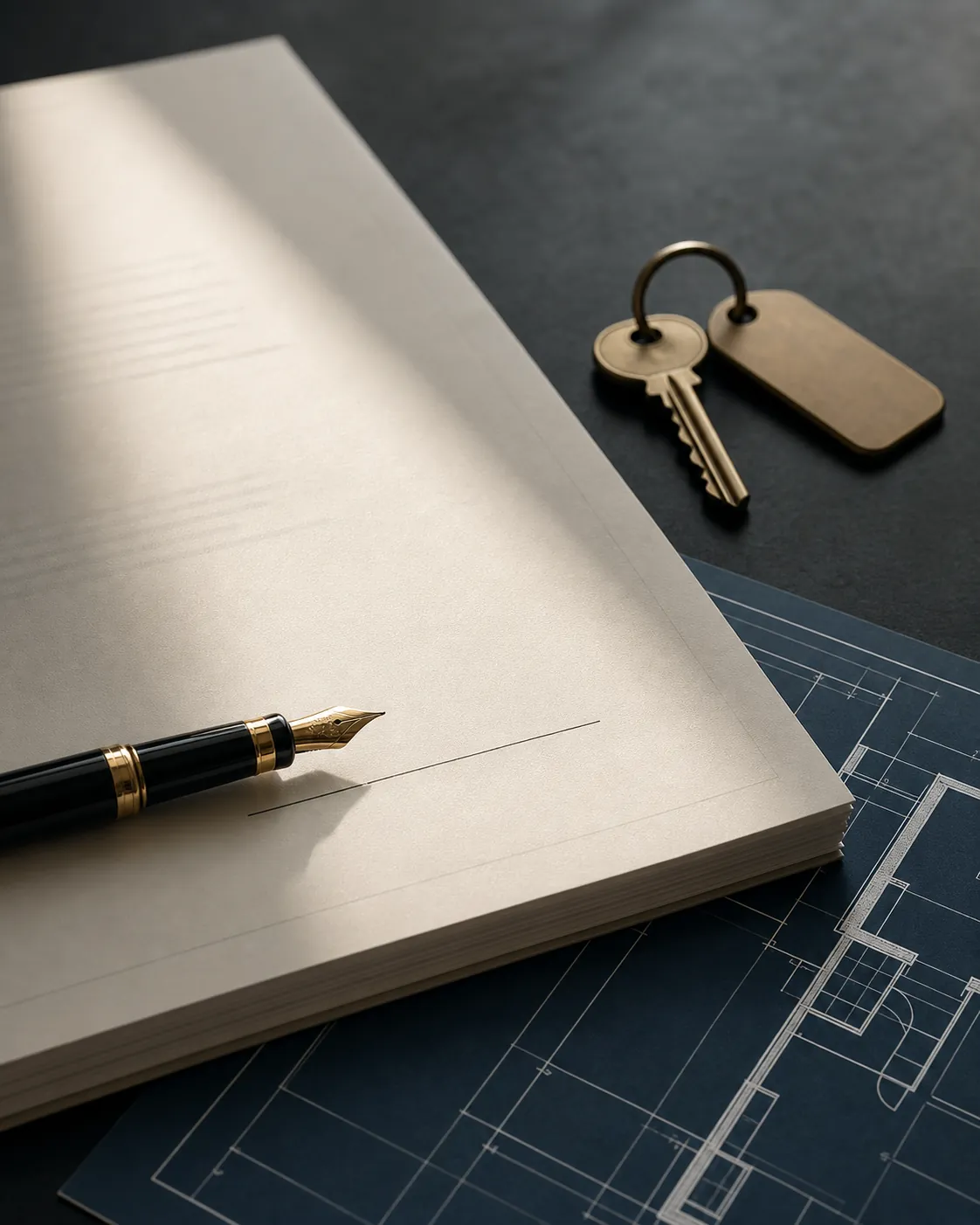 A signed document, fountain pen and keys on a dark desk beside blueprint drawings
