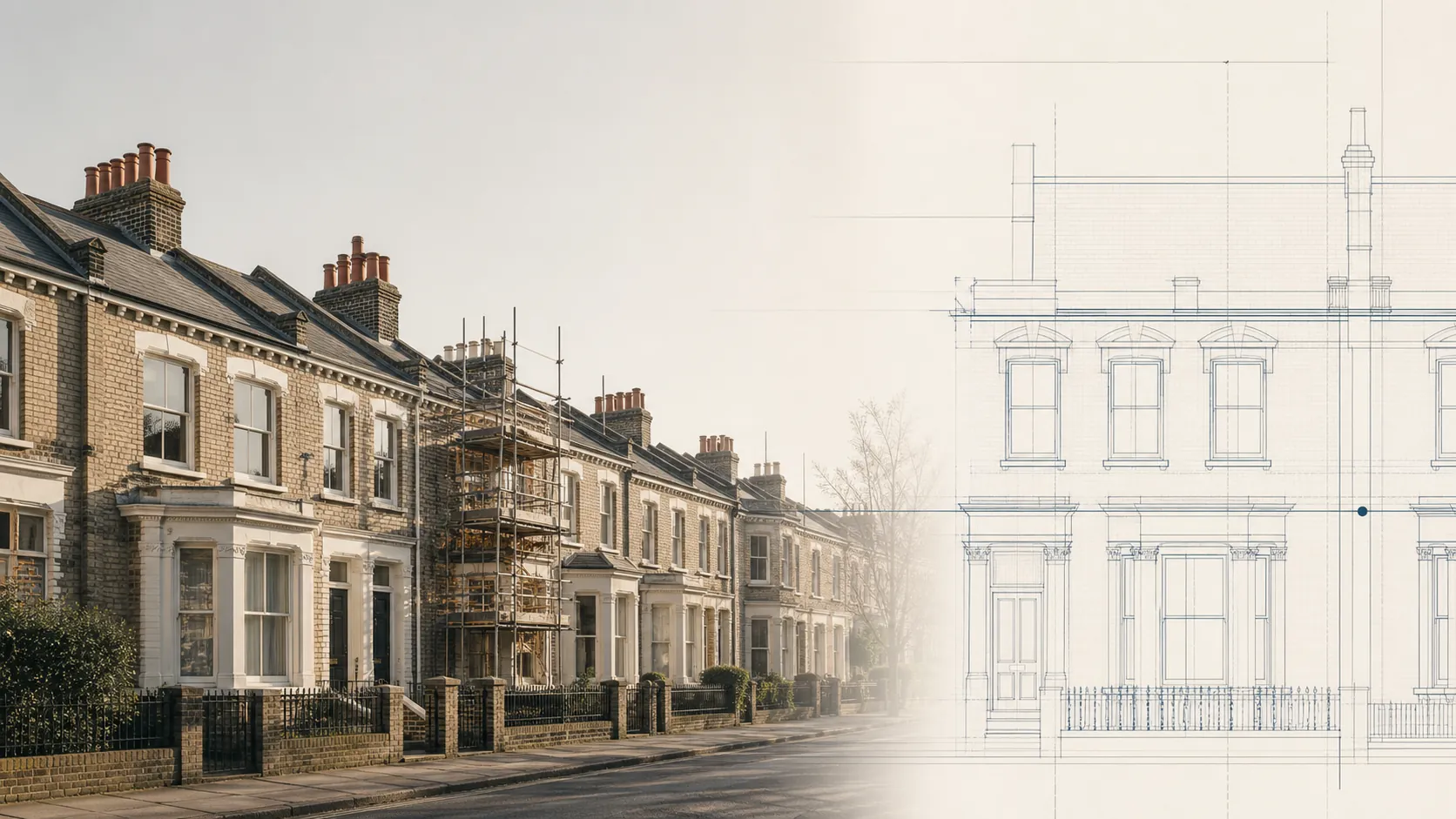 A terrace of brick houses under refurbishment, dissolving into an architectural elevation drawing