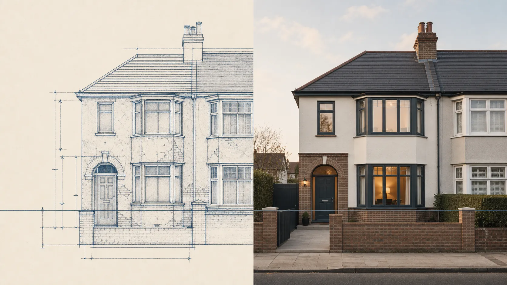 An architectural elevation drawing of a semi-detached house beside the finished, refurbished home