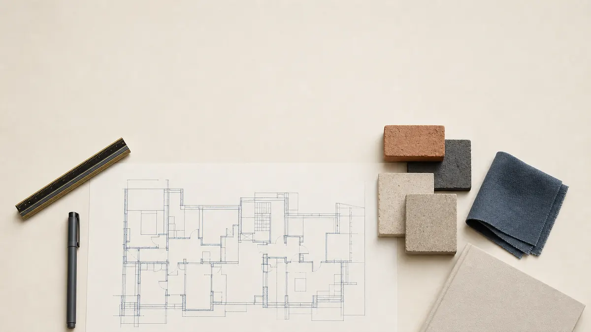 Brick, stone and fabric samples arranged beside a floor plan
